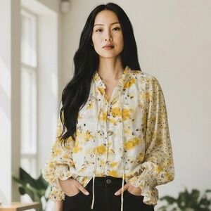 Sheer Floral Print Ruffle‎ Neck Blouse Cottagecore Boho Fairy Spring Women Sz L